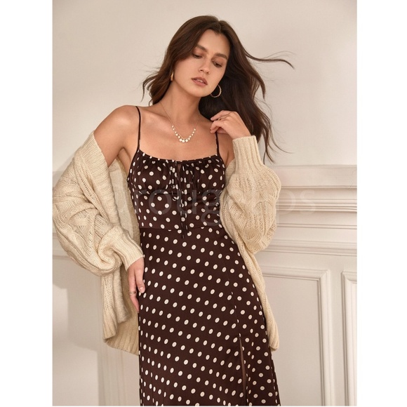 French Style Polka Dot Brown Midi Dress Leg Slit - Picture 10 of 16